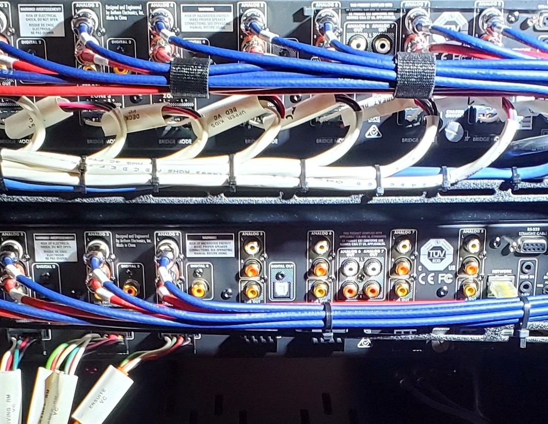 Organized and terminated low-voltage wiring in an iT Homes rack